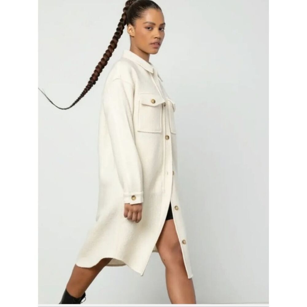 Button-Front Cream Long Shacket Coat